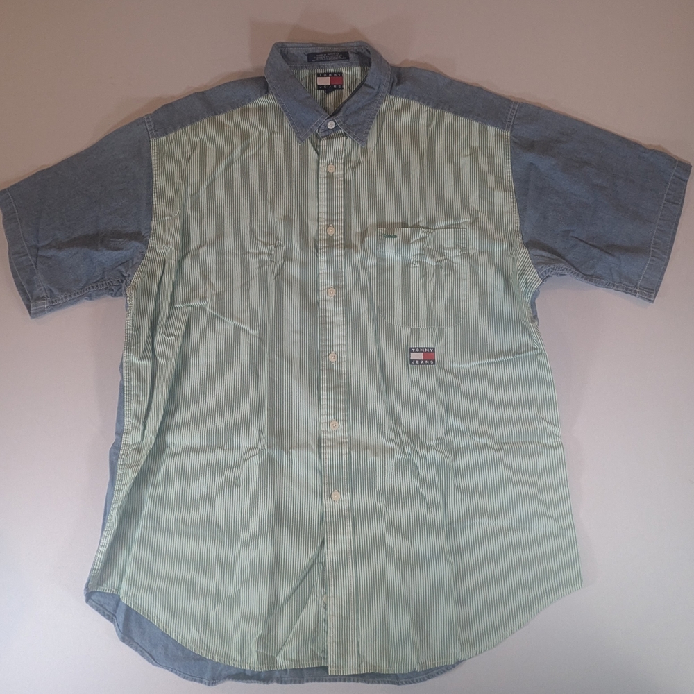 Tommy Hilfiger Men's Green and Blue Striped Shirt